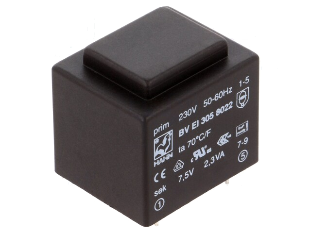 Transformator: ingegoten; 2,3VA; 230VAC; 7,5V; 307mA; PCB; BVEI Transformator: ingegoten; 2,3VA; 230VAC; 7,5V; 307mA; PCB; BVEI